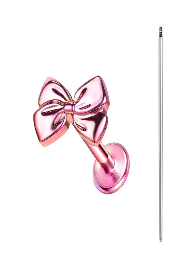 BodyAce F136 Titanium Body Piercing Studs, 16G Flat Back Cartilage Earring Studs with Piercing Taper, Internally Threaded Labret Lip Ring Conch Tragus Stud (Pink Bow) - Image 1